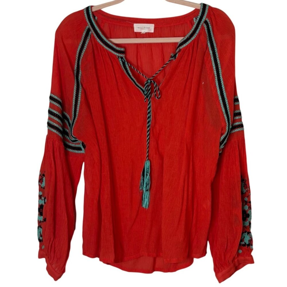 Mello Day Red Embroidered Boho Blouse Womens L Folk Peasant Tassel Top